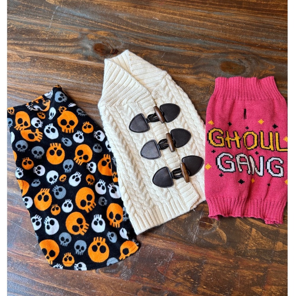 Simply Wag Halloween Dog Sweater Bundle‎ Skulls Ghoul Gang Toggle Cardigan 3pc